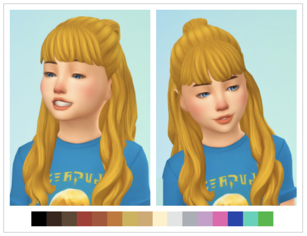 Un niño en Los Sims 4 con un pelo personalizado que está medio recogido, medio suelto y con flequillo