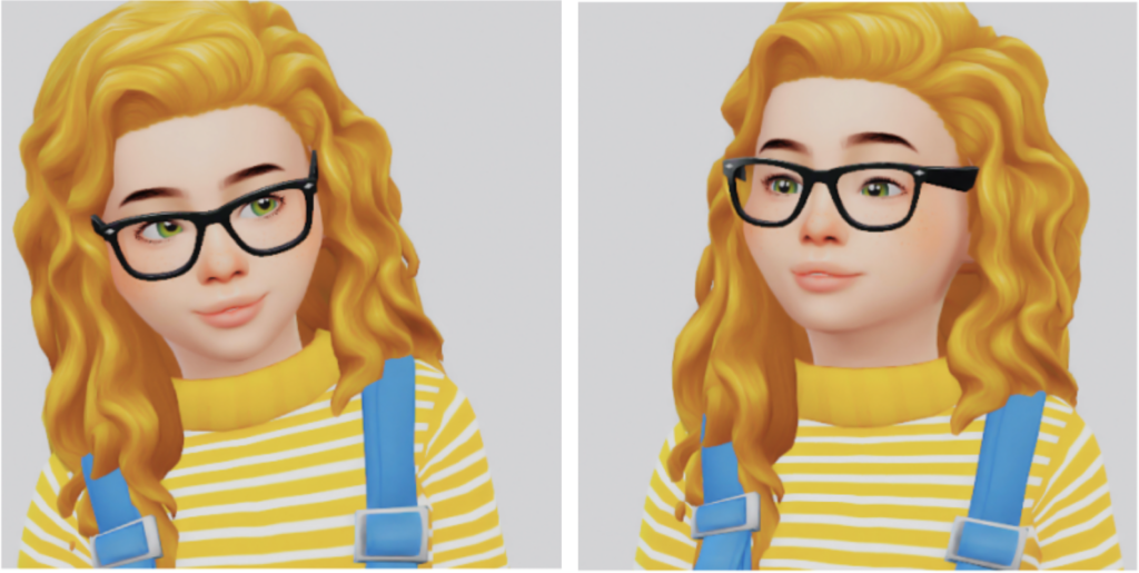 Un sim con gafas de montura negra, un suéter a rayas amarillas debajo de unos overoles y un cabello rizado