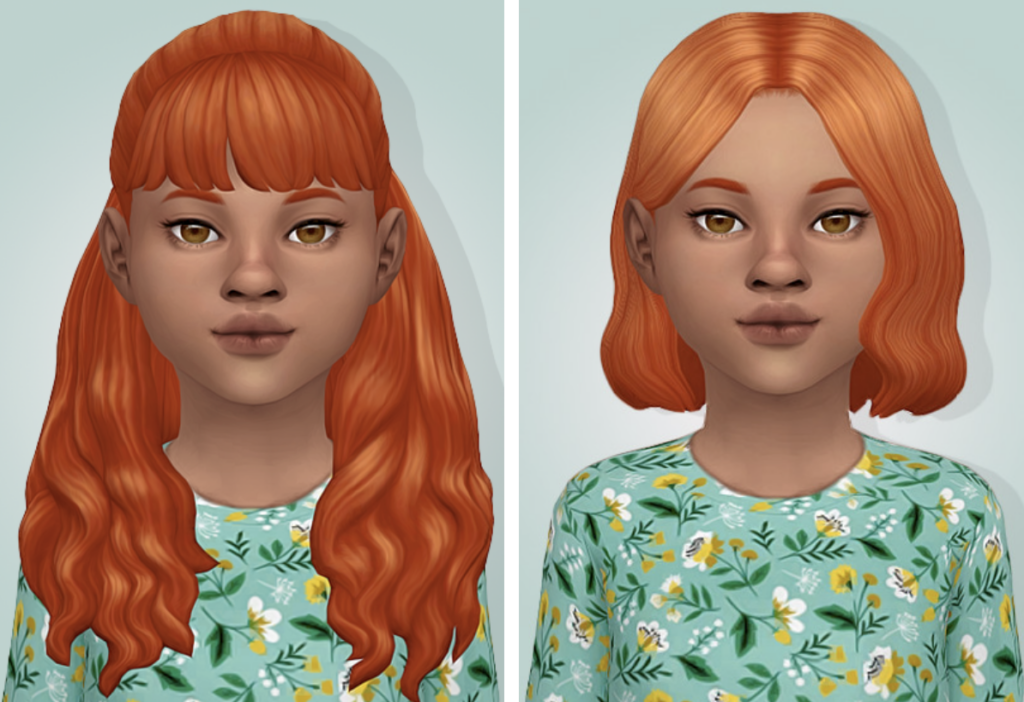 Dos sims con cabello naranja brillante y una camisa floral verde