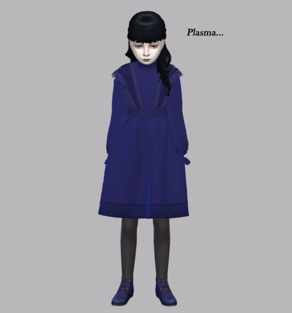 Un Sim mirando hacia abajo (definitivamente un vampiro) que lleva puesto un vestido gótico azul, medias negras y zapatos azules.