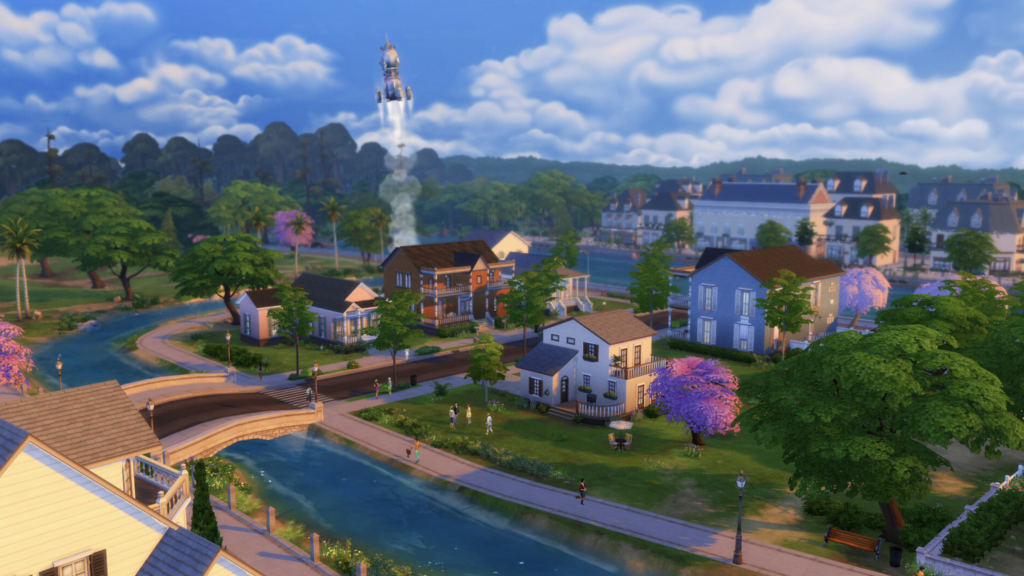 Un sim con una habilidad alta en ciencia de cohetes en Los Sims 4 volando al planeta Sixam.