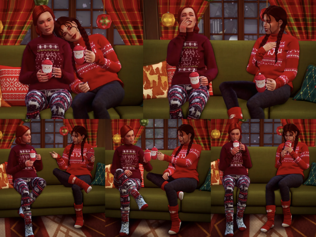 Un conjunto de opciones de poses navideñas en Los Sims 4 donde dos sims disfrutan de una taza festiva de té o chocolate caliente juntos