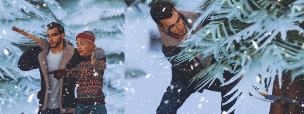 poses donde dos Sims están buscando un árbol de Navidad para cortar y lo están cortando con un hacha