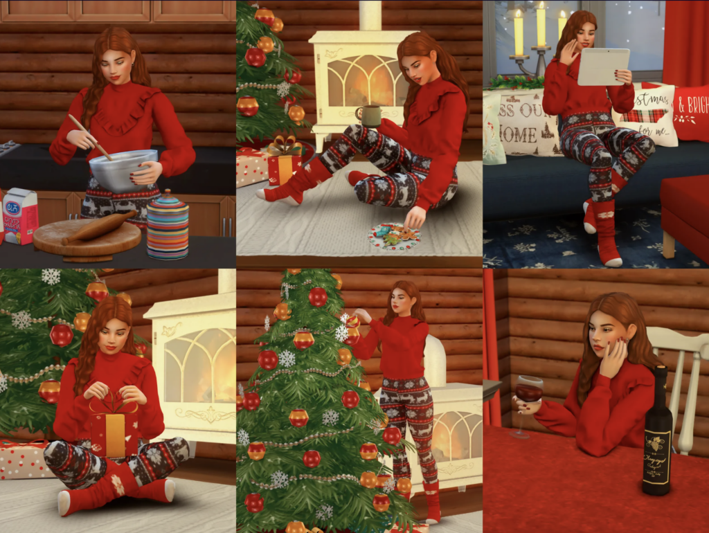 un sim que está pasando la Navidad solo, bebiendo vino, leyendo y horneando