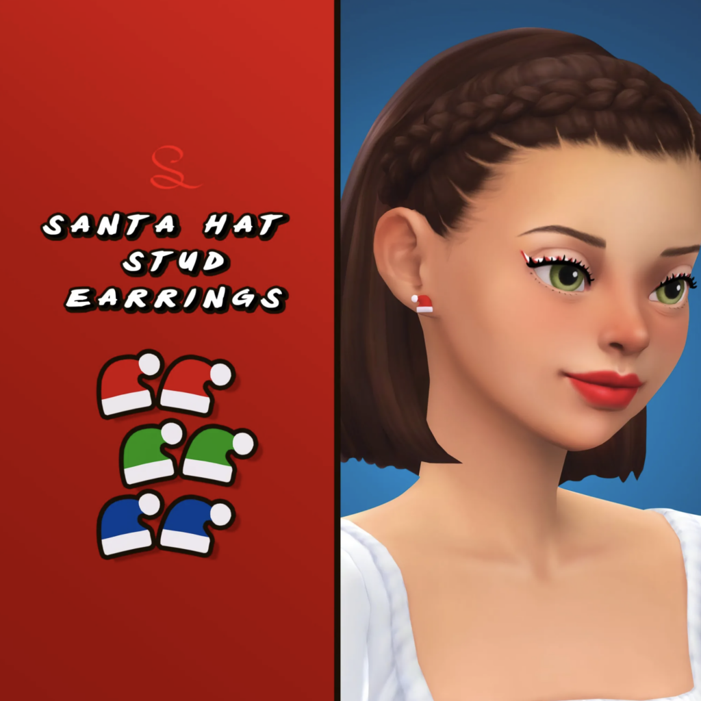 Un Sim que parece un personaje de Pixar llevando un juego de pequeños pendientes en forma de gorros de Santa