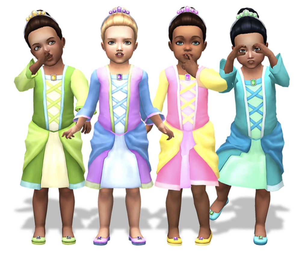 Cuatro niños pequeños en Los Sims 4 que llevan puestos disfraces de princesa a juego en colores brillantes. También tienen tiaras y zapatos a juego.