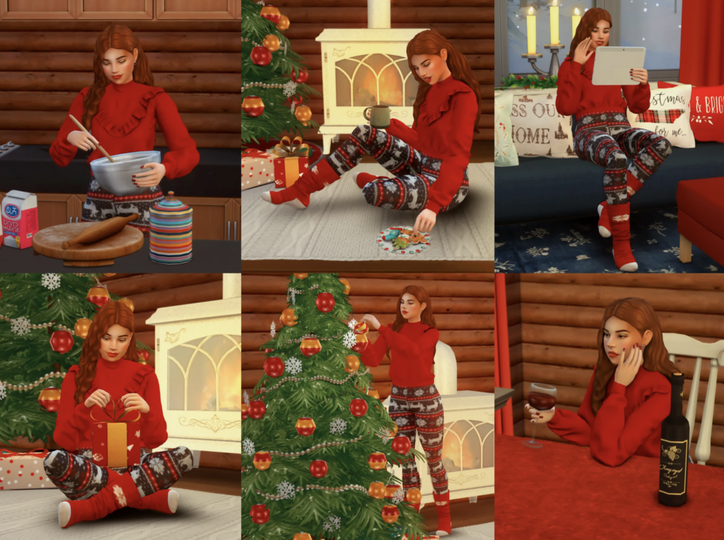 Seis rectángulos donde un sim pelirrojo realiza diversas actividades navideñas solo, como beber vino, hornear galletas y decorar un árbol