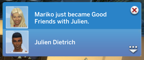 Una Sim rubia haciéndose amiga de un Sim llamado Julien