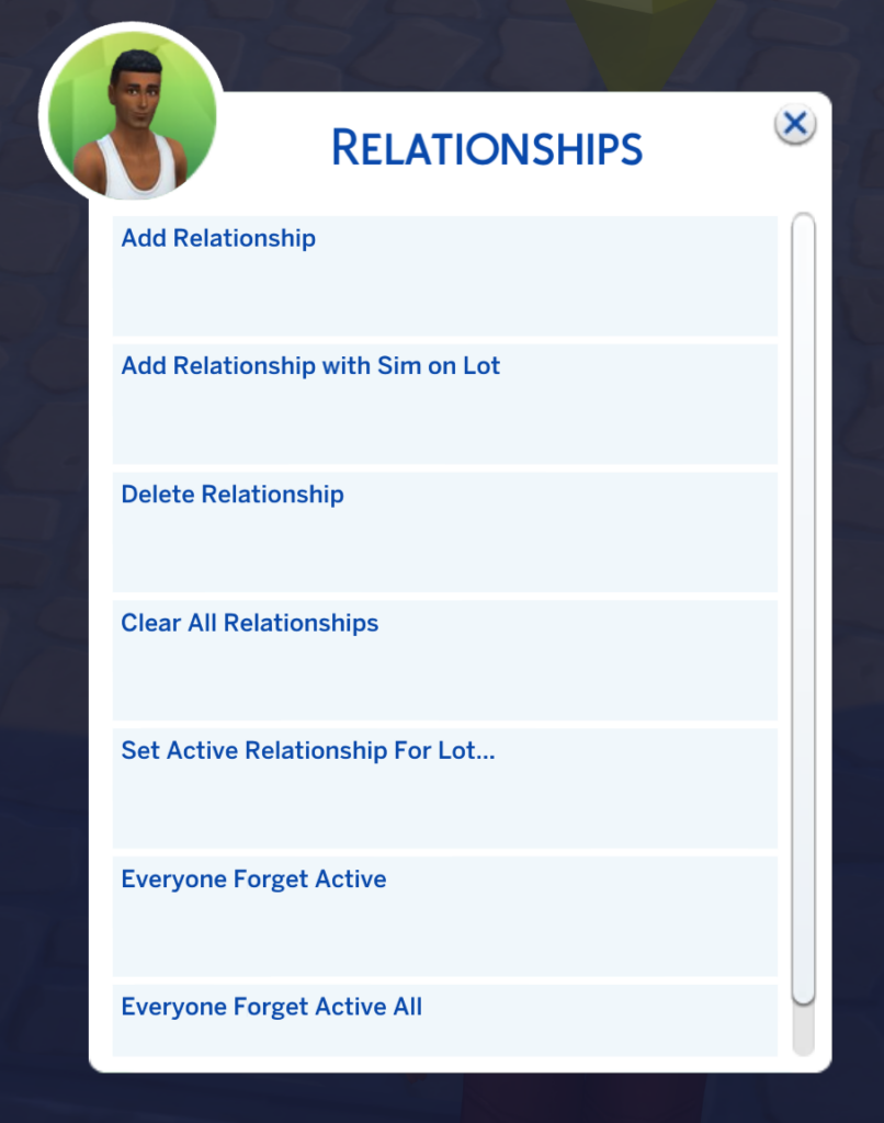 Menú de relaciones en MC Command Center