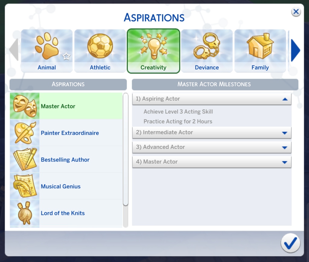 sims 4 aspiración maestro actor nivel actor aspirante