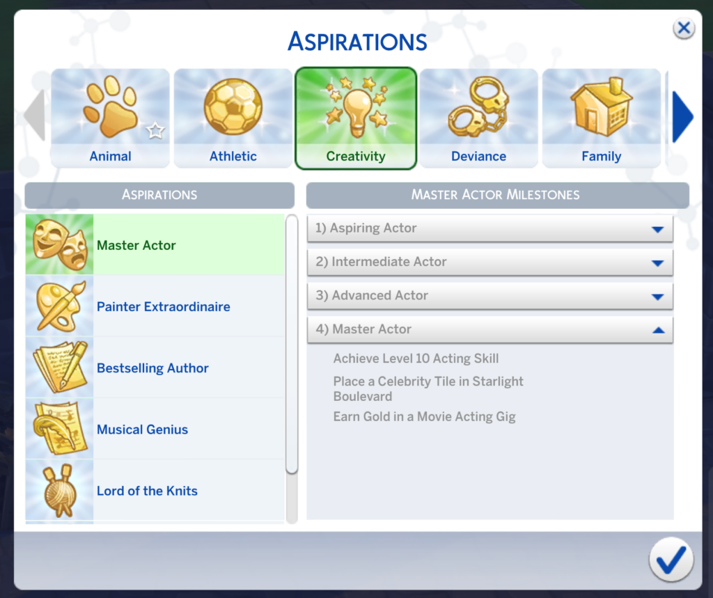 aspiración de actor maestro sims 4