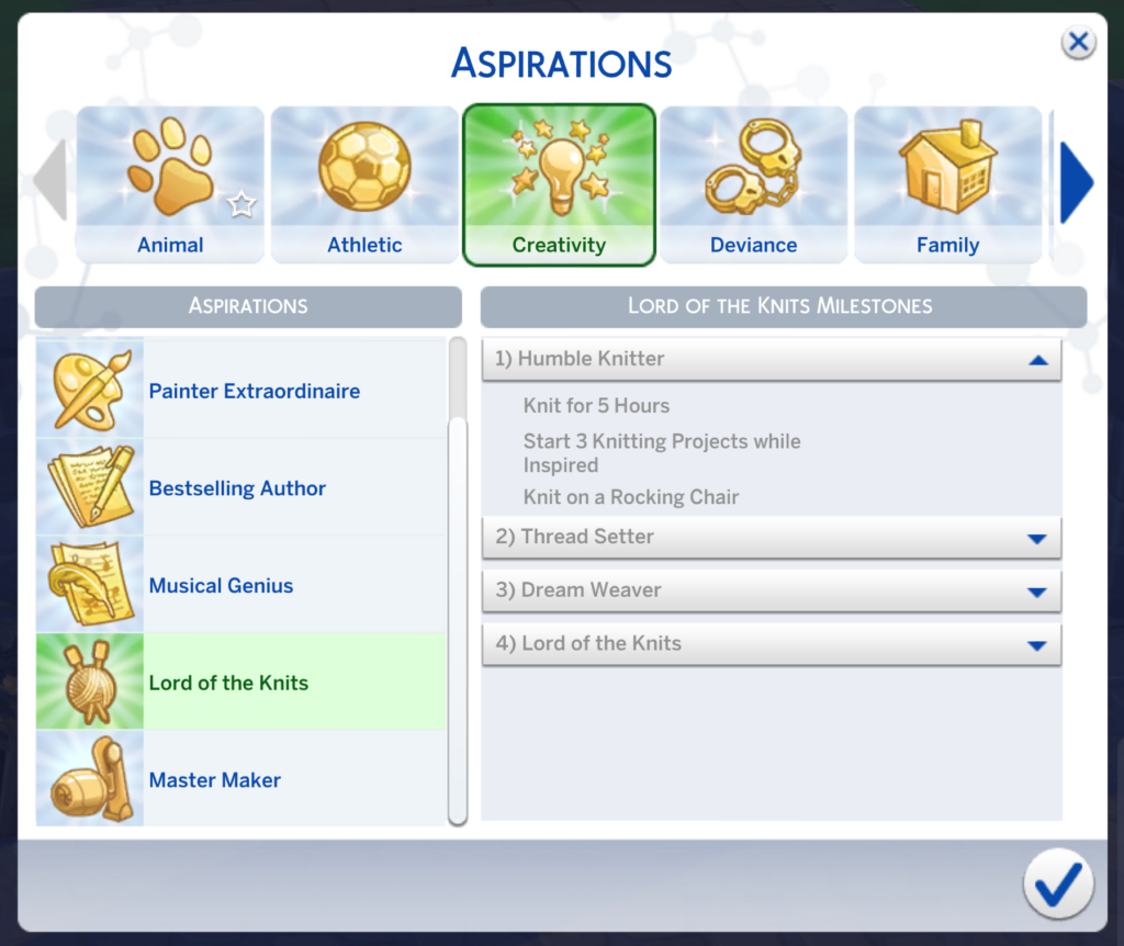 sims 4 aspiración señor o señora del tejido