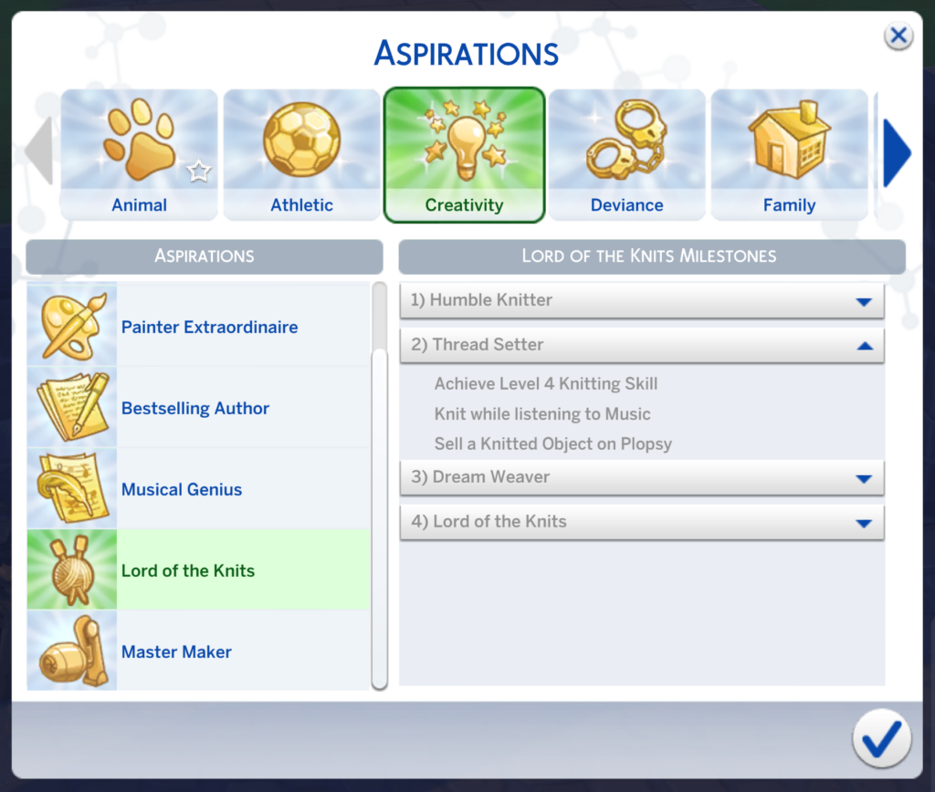 segundo nivel de la aspiración Señor o Señora de los Tejidos en Los Sims 4