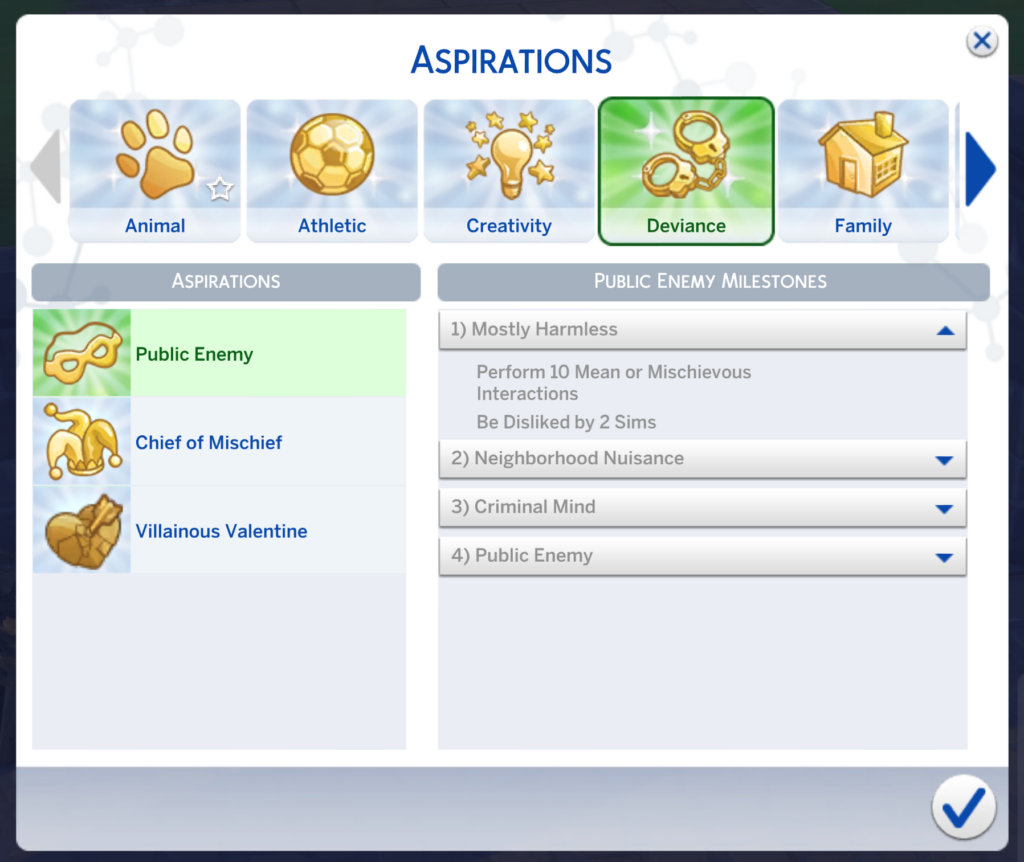nivel uno de la aspiración enemigo público de Los Sims 4