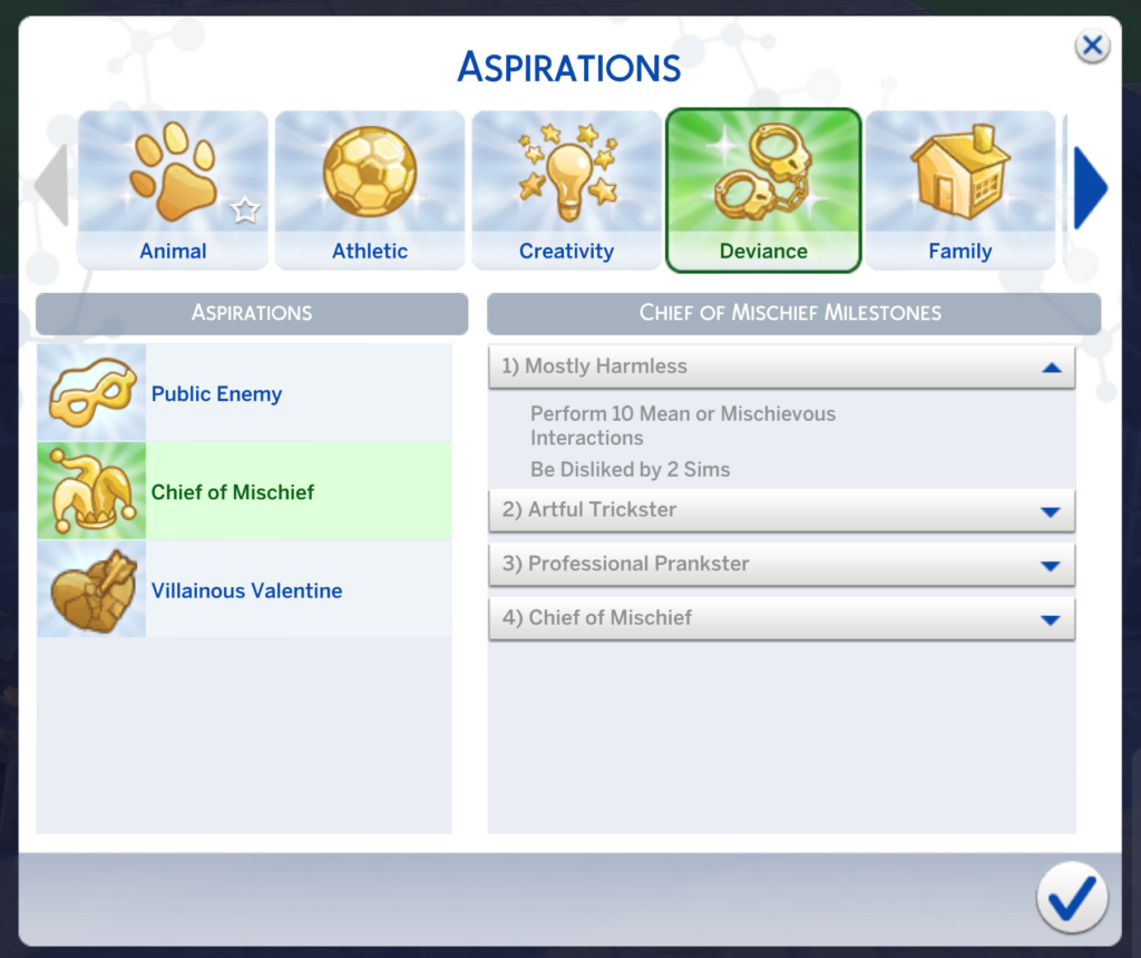 sims 4 niveles de la aspiración de jefe de travesuras