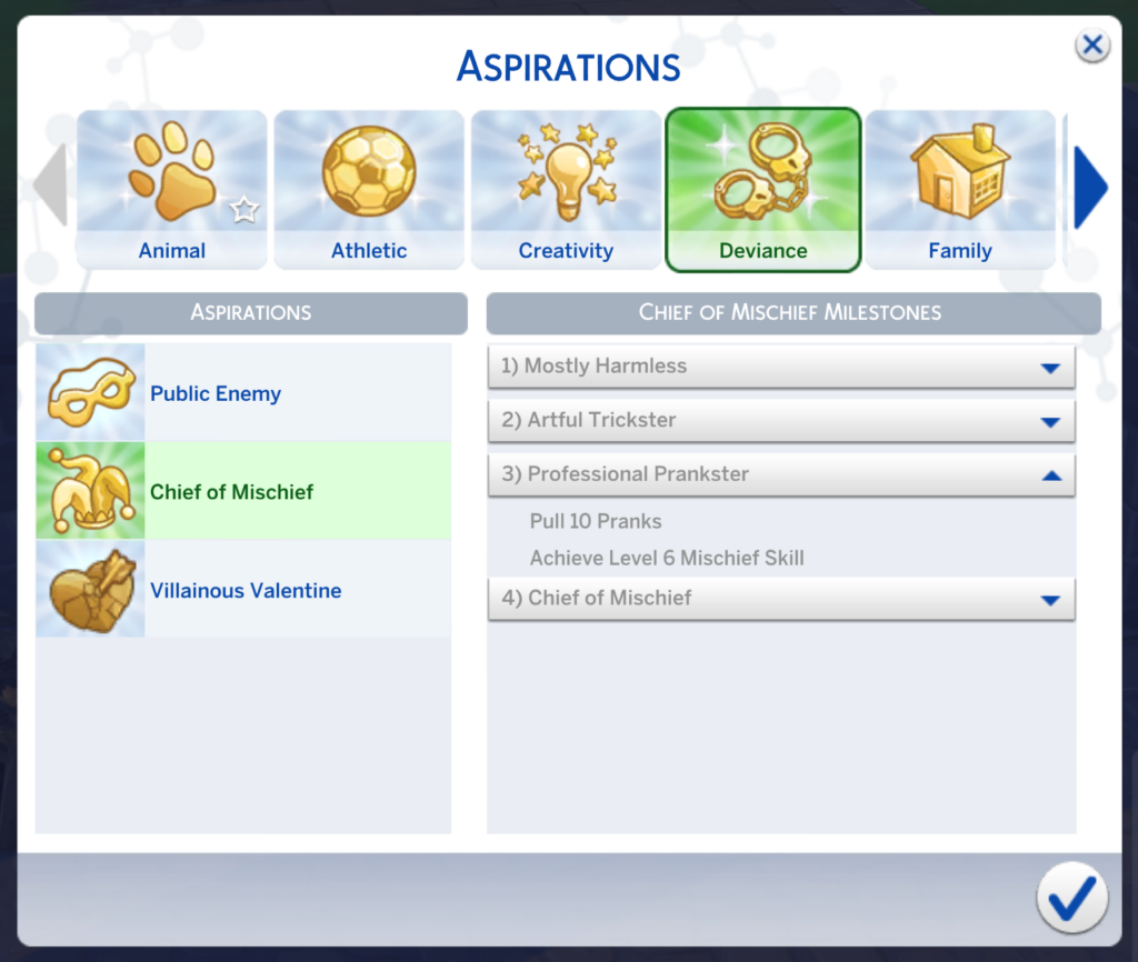 nivel de aspiración de bromista profesional para los Sims 4, aspiración jefe de travesuras