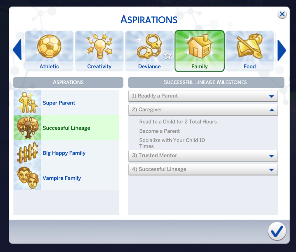 nivel de cuidador de la aspiración de Los Sims 4