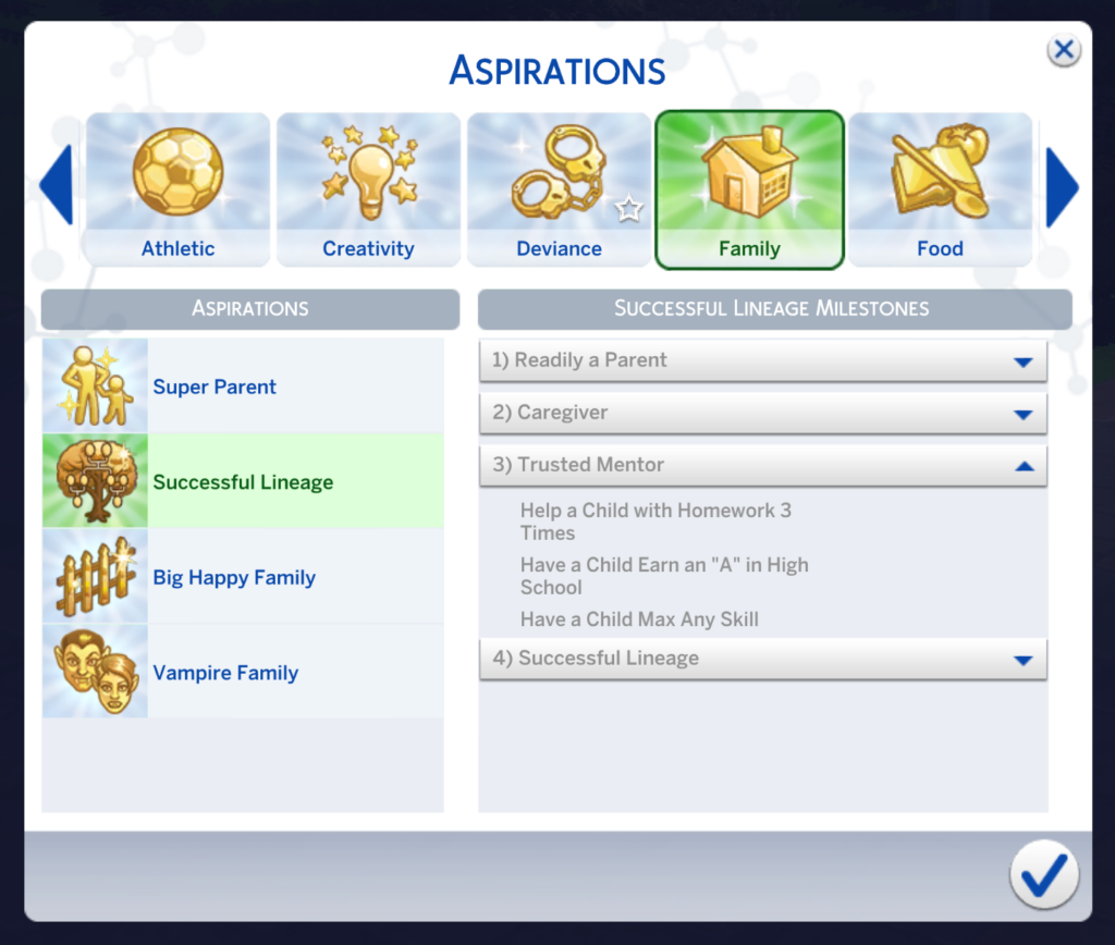 sims 4 aspiración de linaje exitoso mentor de confianza