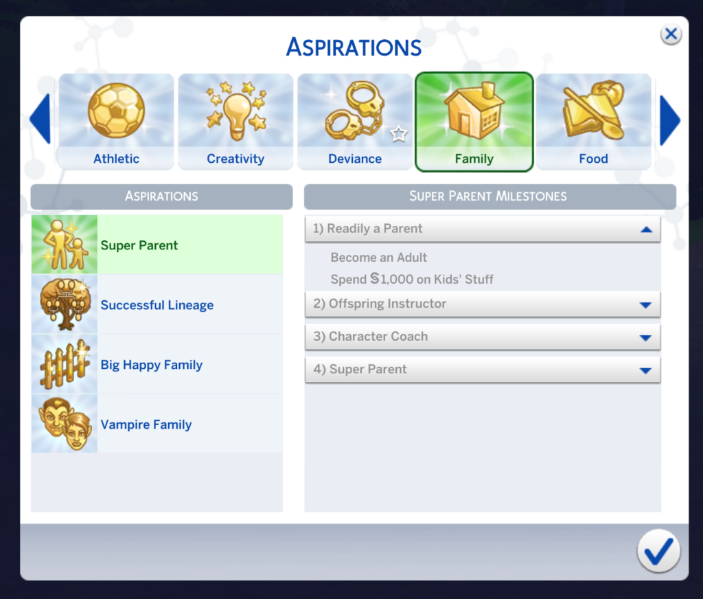 primera parte de la aspiración de super padre en Los Sims 4