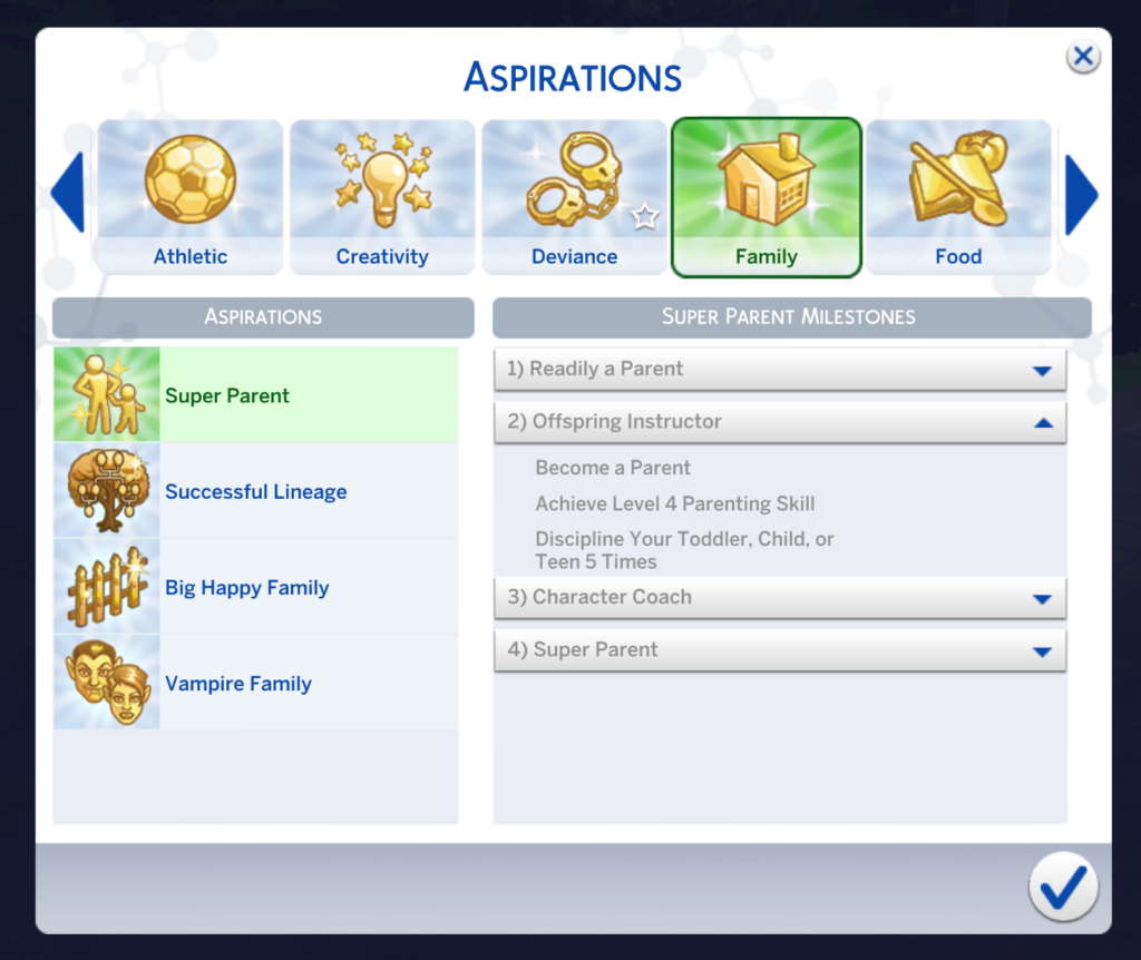 aspiración de superpadre en los sims 4