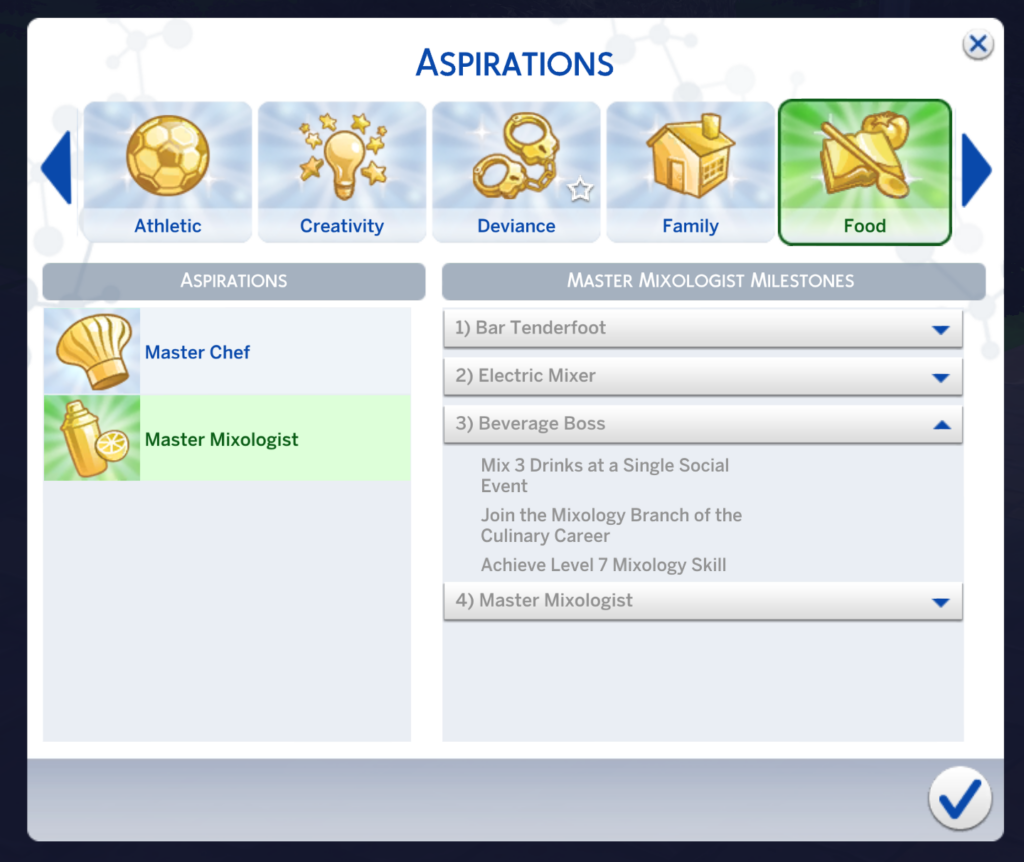 nivel jefe de bebidas Aspiración Maestro Mixólogo en Los Sims 4