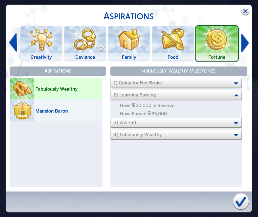 sims 4 fabulously wealthy aspiration stage two