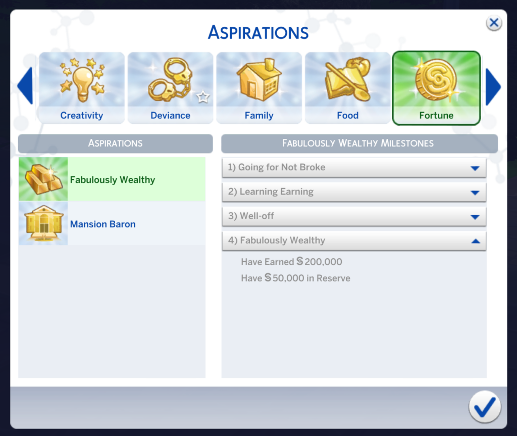 aspiración fabulosamente rica de los sims 4