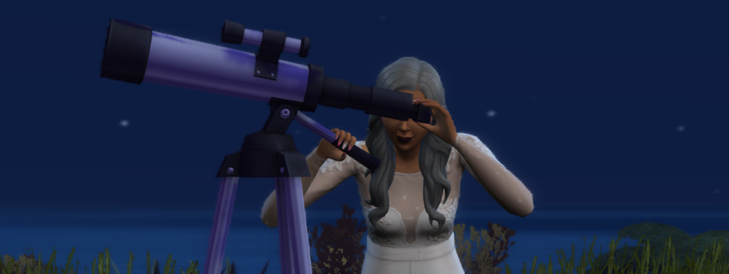 un sim vestido de novia mirando al cielo en el nuevo telescopio