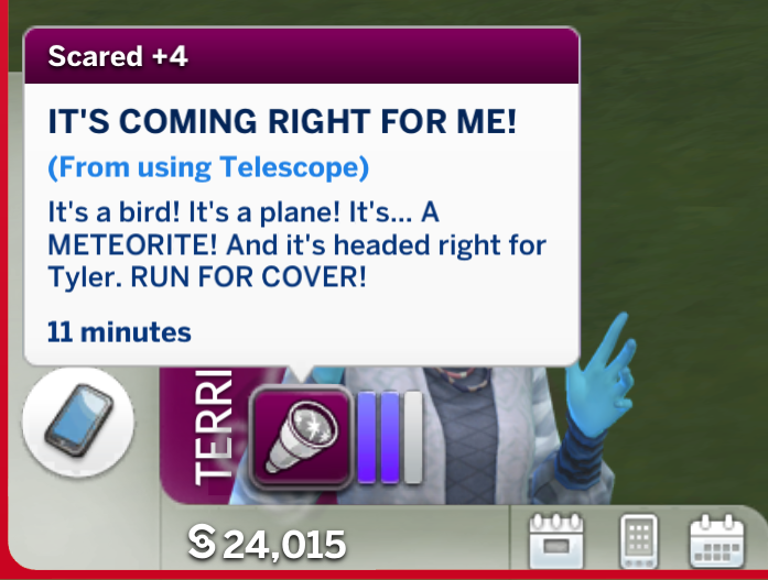 un sim a punto de morir por la muerte por meteorito en Los Sims 4