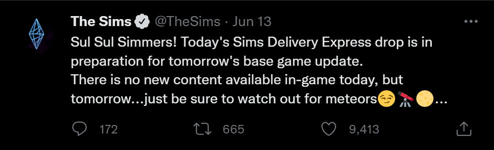 @TheSims cuenta de Twitter insinuando la adición de la muerte por meteorito en Los Sims 4