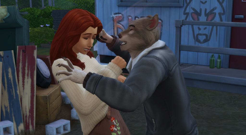 un sim siendo mordido por un hombre lobo
