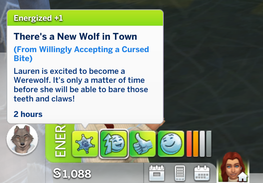 un sim emocionado en Los Sims 4 porque se va a convertir en hombre lobo
