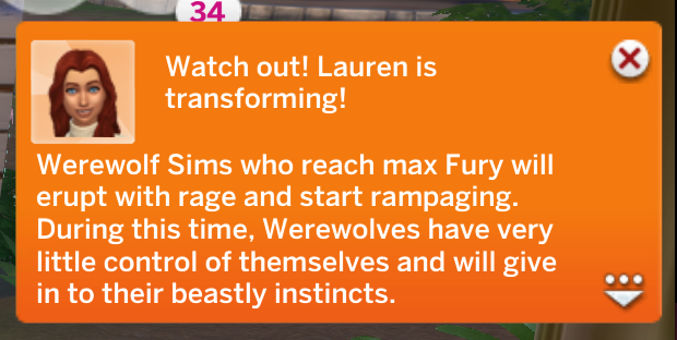 la notificación que recibes en Los Sims 4 cuando te conviertes en hombre lobo
