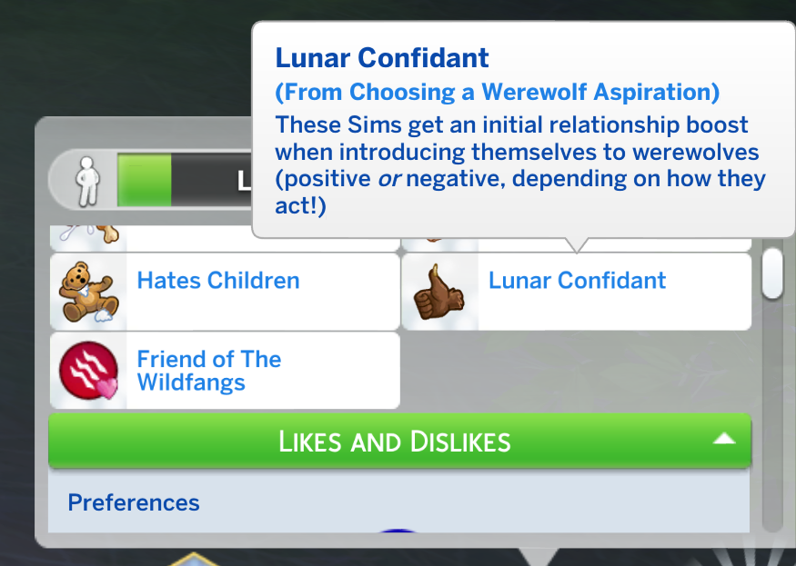 aspiraciones de hombres lobo de Los Sims 4 - rasgo de bonificación confidente lunar