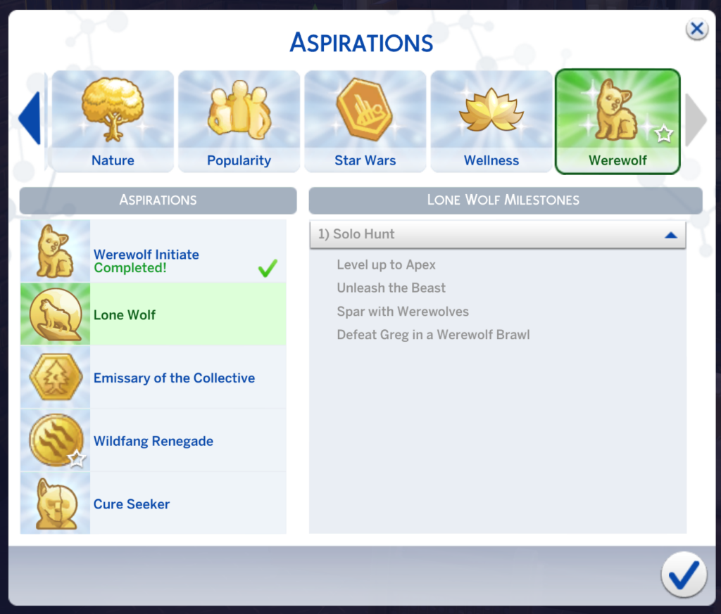 página de aspiraciones de hombres lobo de los sims 4 para lobo solitario