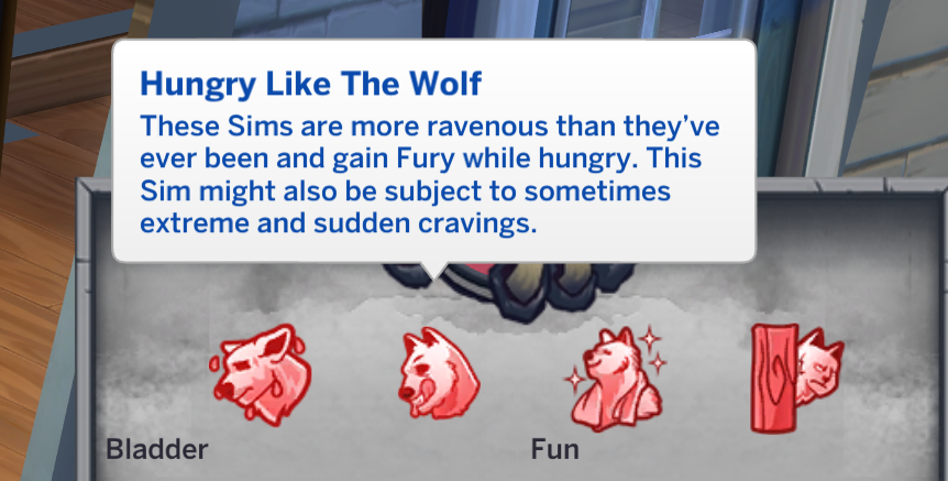 opción de hambriento como un lobo para los temperamentos de hombre lobo en los Sims 4
