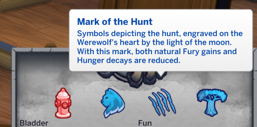 opción Marca de la Caza para los temperamentos de los hombres lobo en Los Sims 4