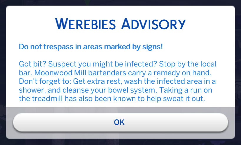 advertencia que te indica cómo curar los Werebies en Los Sims 4 hombres lobo