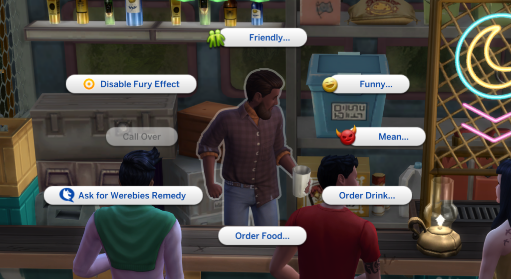 interacción para pedir el remedio para el Werebies en Los Sims 4