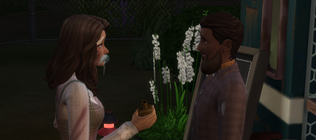 sim infectado con Werebies en Los Sims 4 de pie junto a un camarero y bebiendo la cura