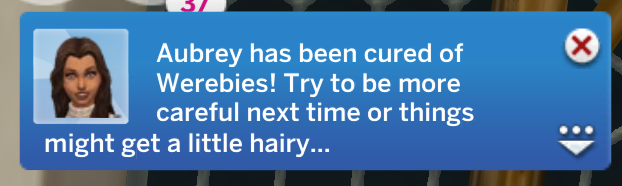 notificación que ocurre en Los Sims 4 después de curar el Werebies