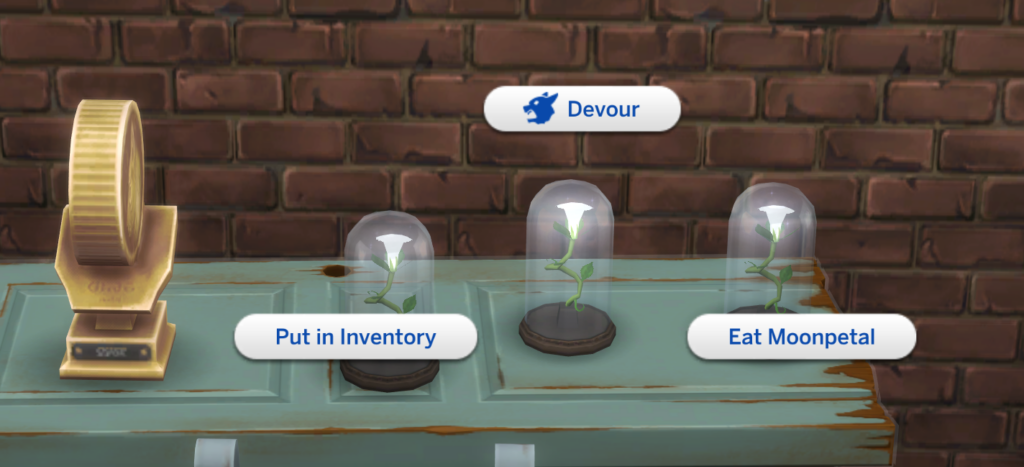 la interacción para comer pétalo lunar en Los Sims 4 que restablecerá las habilidades de hombre lobo