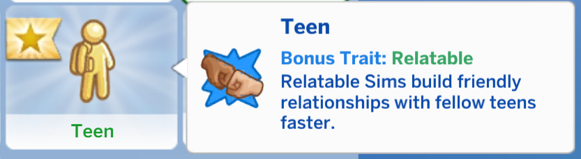 La descripción del rasgo de bonificación de la aspiración adolescente para identificación que dice "los sims identificables construyen relaciones amistosas con otros adolescentes más rápido"