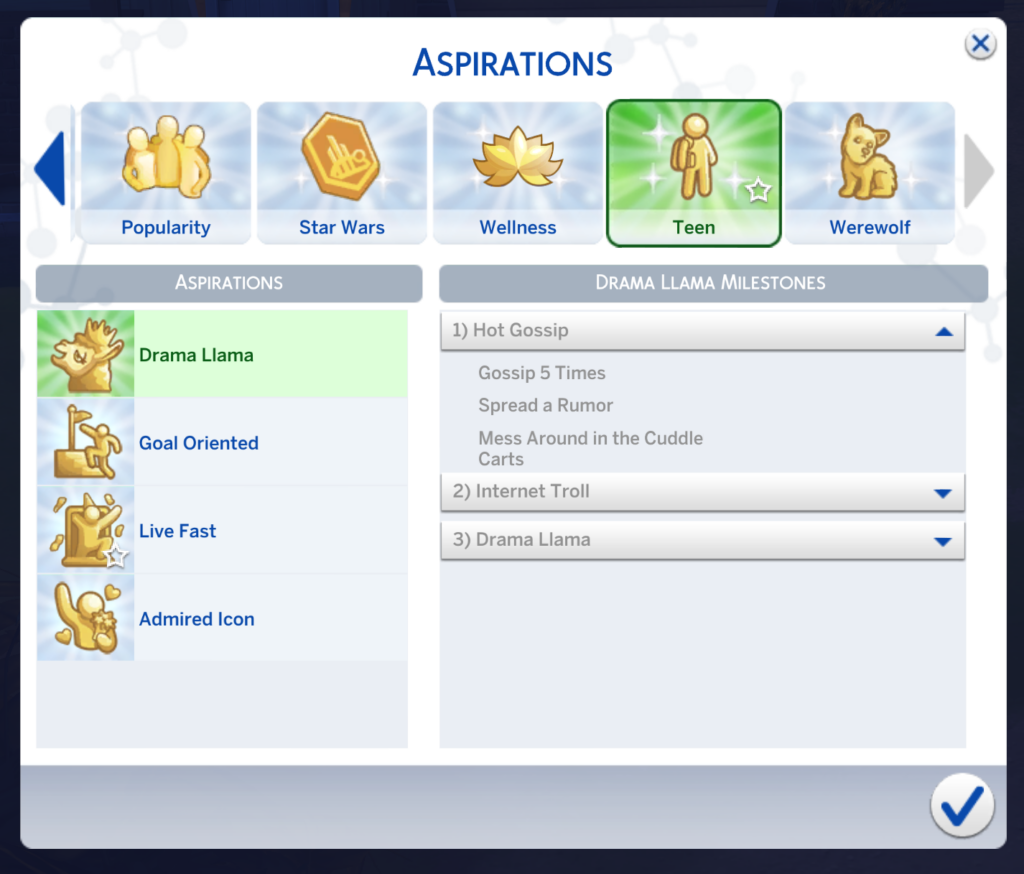 La primera página de la aspiración drama llama en Los Sims 4: Años en el instituto