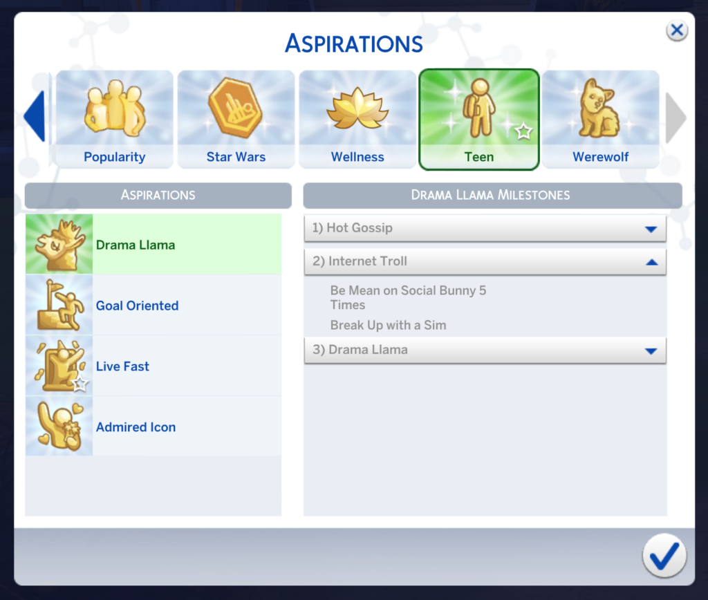 La 3ª página de la aspiración Drama Llama de Los Sims 4