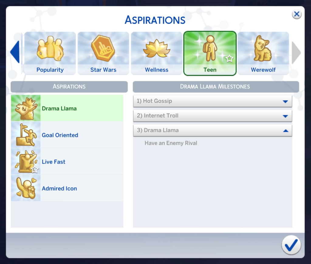La tercera página de la aspiración Drama Llama en Los Sims 4