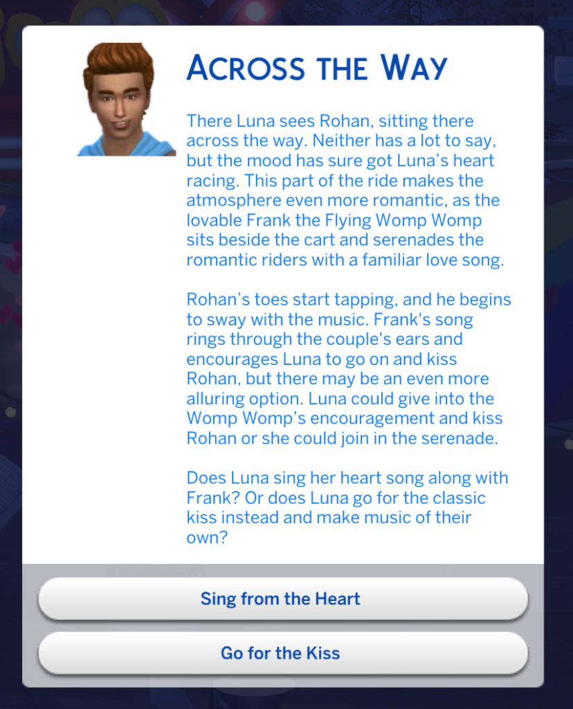 tarjeta de oportunidad que aparece cuando dos sims juegan en los carritos de abrazos en Los Sims 4: Años en el instituto