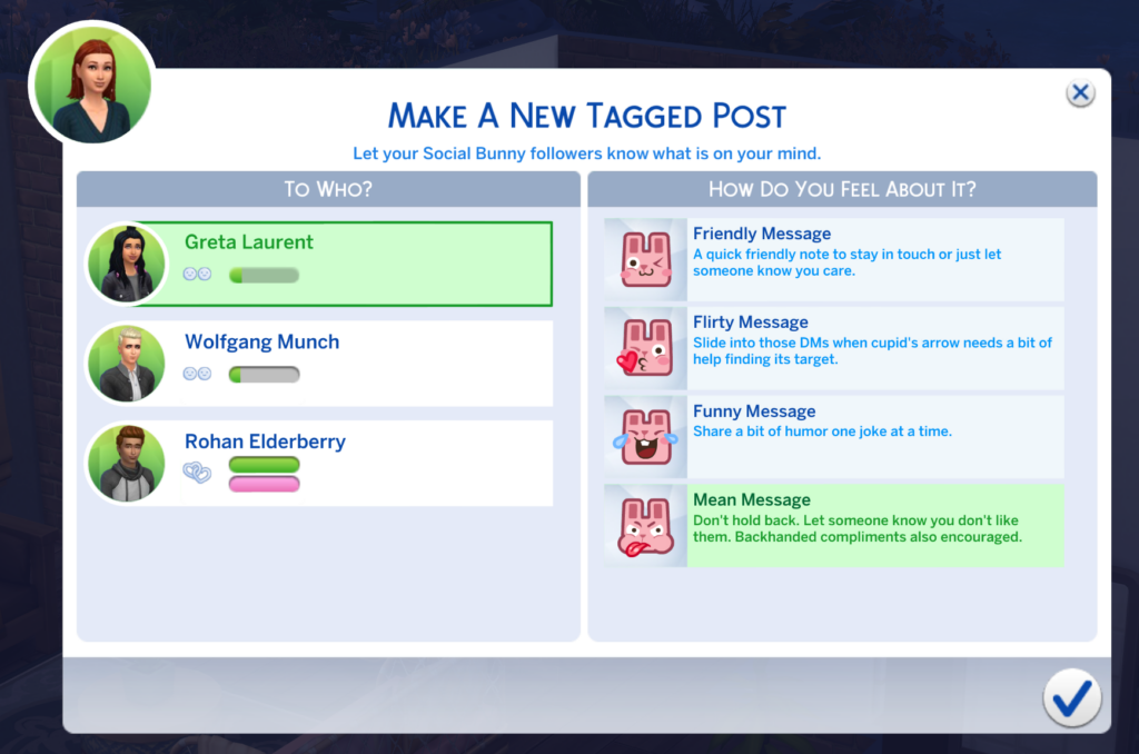 Una página en la aplicación de redes sociales de Social Bunny en Los Sims 4 donde un Sim con la aspiración Drama Llama publicará mensajes etiquetados crueles