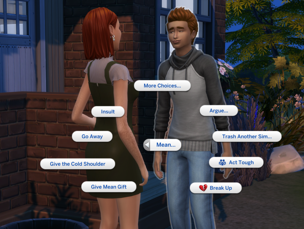 Dos Sims mirándose y mostrando la opción de interacción de terminar
