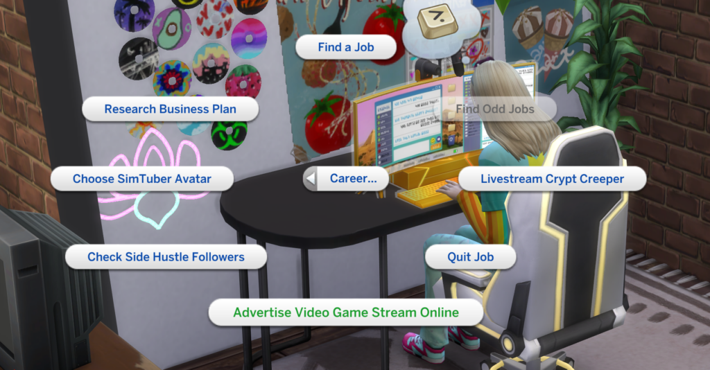 La nueva opción "anunciar transmisión de videojuegos en línea" que obtienes con la habilidad empresarial en Los Sims 4: Años de instituto